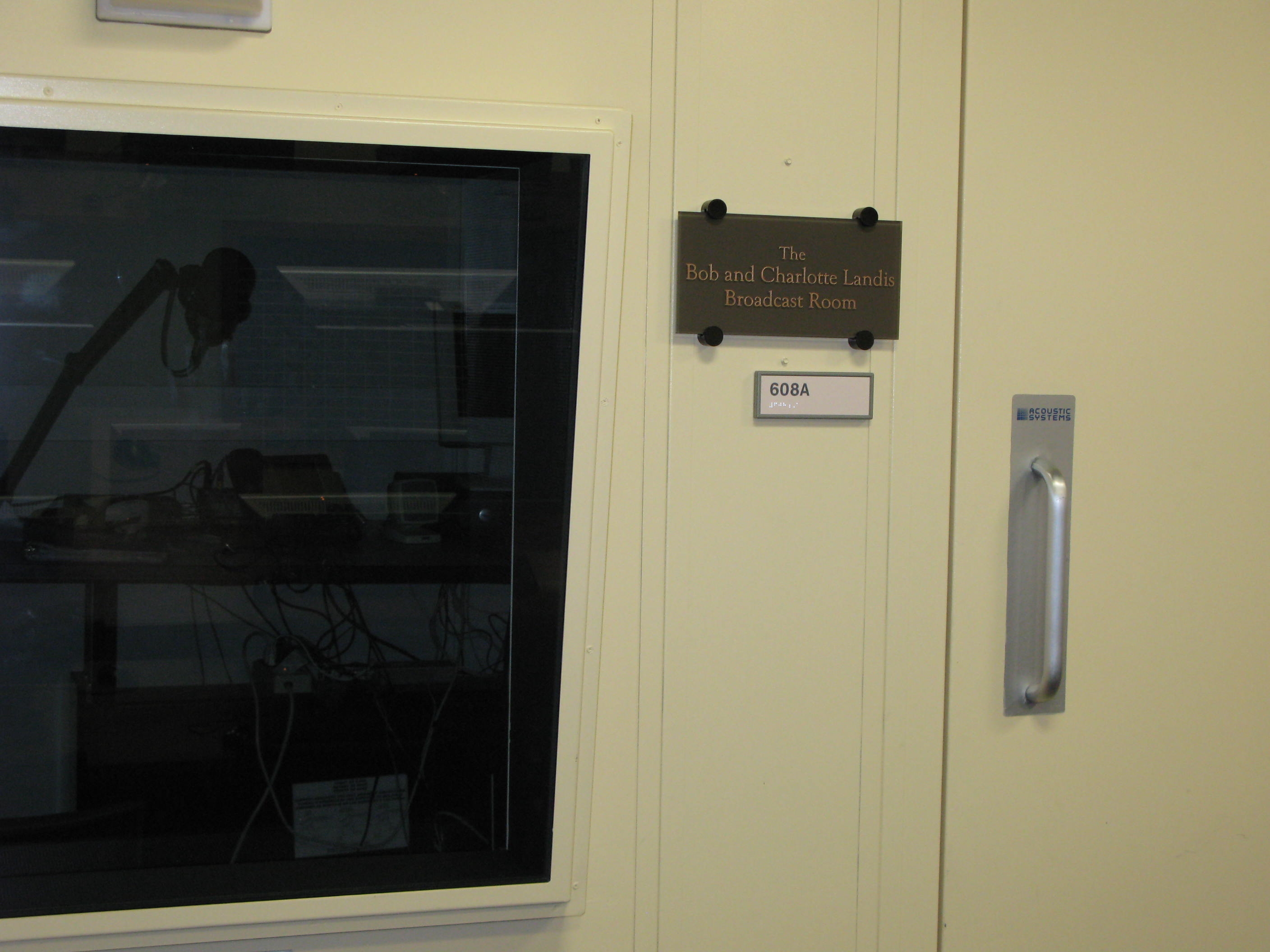 An outside look at the Bob and Charlotte Landis Broadcast Room